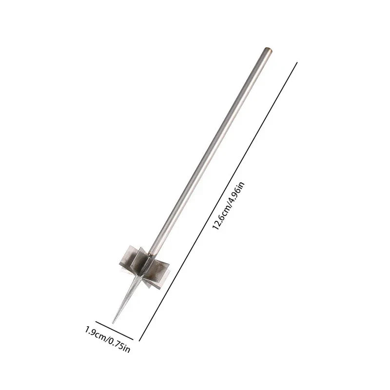 Stainless steel scallion shredder cutter with length and width dimension labels on a white background