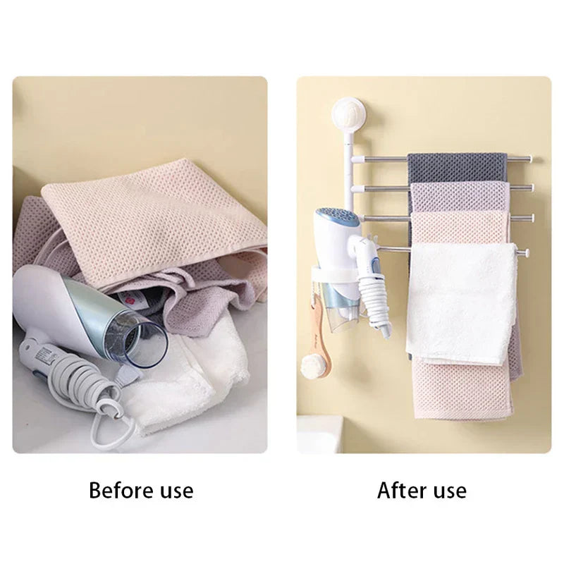 comparación de antes y después mostrando artículos de baño desordenados junto a un perchero toallero de pared organizado con toallas y un secador de pelo