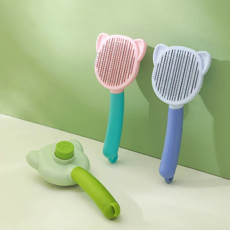 Pet slicker brush comb in use on a dog's coat