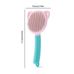 Pink and turquoise cat ear shaped pet self cleaning slicker brush with size dimensions
