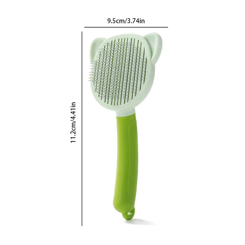 Light green and lime green cat ear shaped pet self cleaning slicker brush with size labels