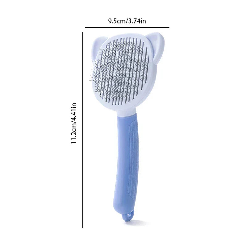 Light blue and periwinkle cat ear shaped pet self cleaning slicker brush with size measurements