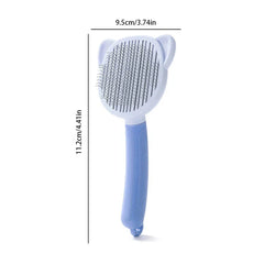 Light blue and periwinkle cat ear shaped pet self cleaning slicker brush with size measurements