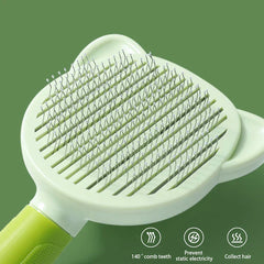 Close-up of a light green pet self cleaning slicker brush with angled wire pin bristles