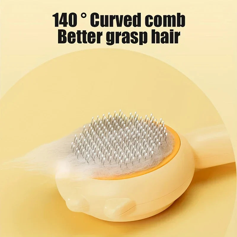 Pale yellow pet slicker brush with 140° curved pin head, holding collected pet fur on a yellow background.
