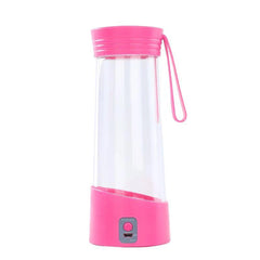 Bright pink portable electric coffee mug with clear body, side strap, base button, and USB charging port on white background