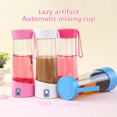 Coffee Mug - Four colorful automatic mixing coffee mugs, three upright one blue lying down, with text 'Lazy artifact Automatic mixing cup'