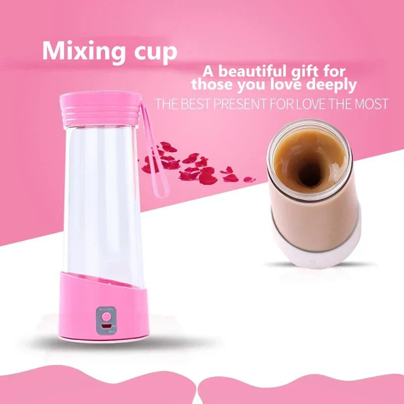 Pink mixing coffee mug on pink background, with text about it being a gift and a view of mixed liquid inside