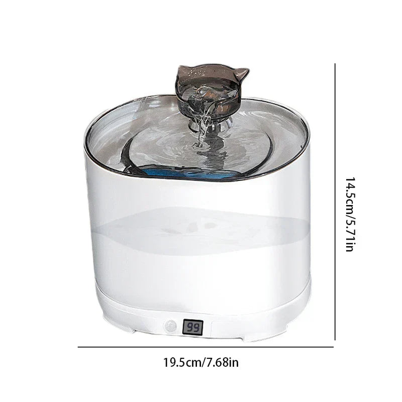 Cat pet water fountain with cat head spout, showing 19.5cm width and 14.5cm height dimensions, digital display showing 99