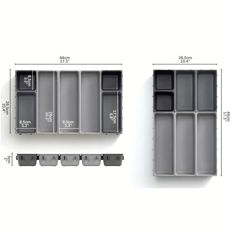 Diagram showing dimensioned interlocking storage bins in two layout configurations with centimeter and inch measurements
