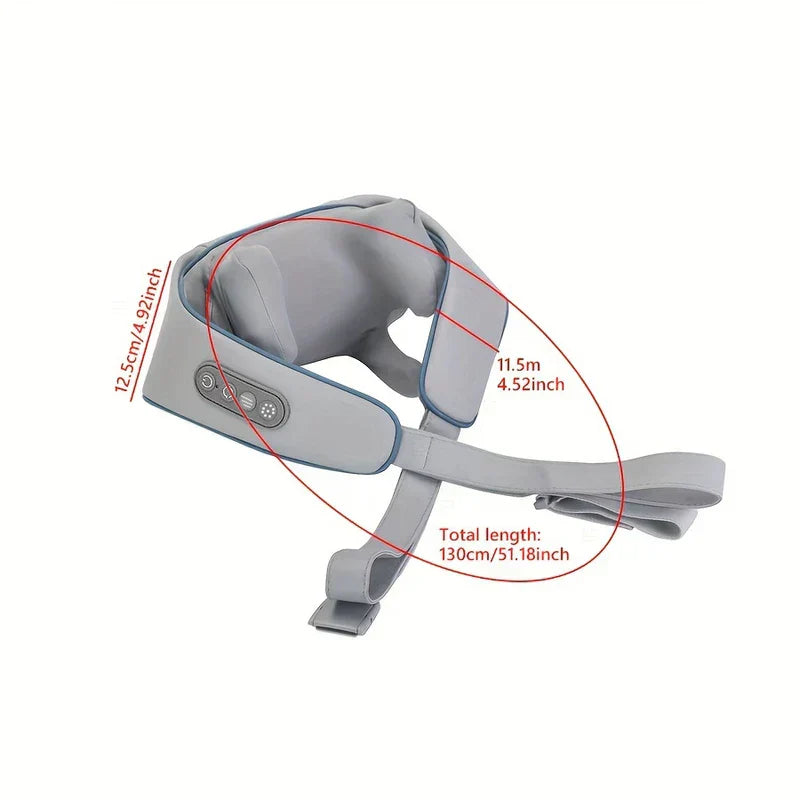 Gray neck shoulder massager with control panel, with dimension labels showing total length 130cm
