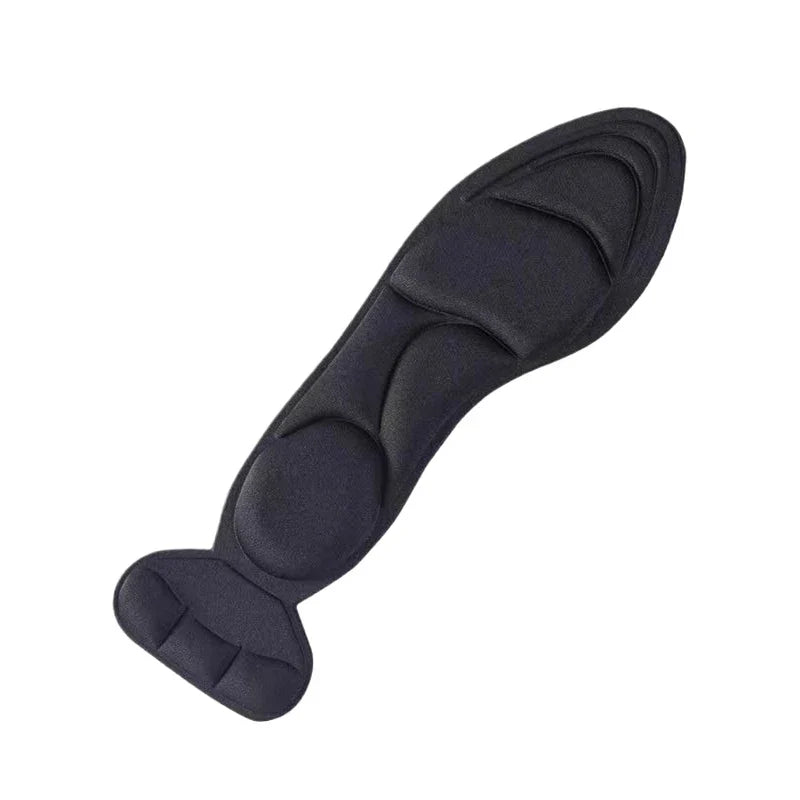 Black contoured shoe insoles shown against a plain white background, with raised padded sections for the heel, arch, and forefoot areas.