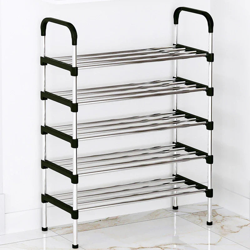 Shoe rack organizer near an entryway bench