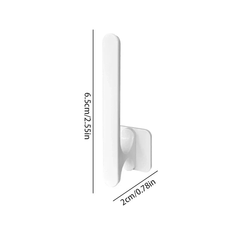White plastic wall hook with dimensions labeled, for short hair tie storage
