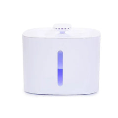 Gray pet water fountain viewed front-on, with a vertical blue water level window and a top nozzle with small purple accents.