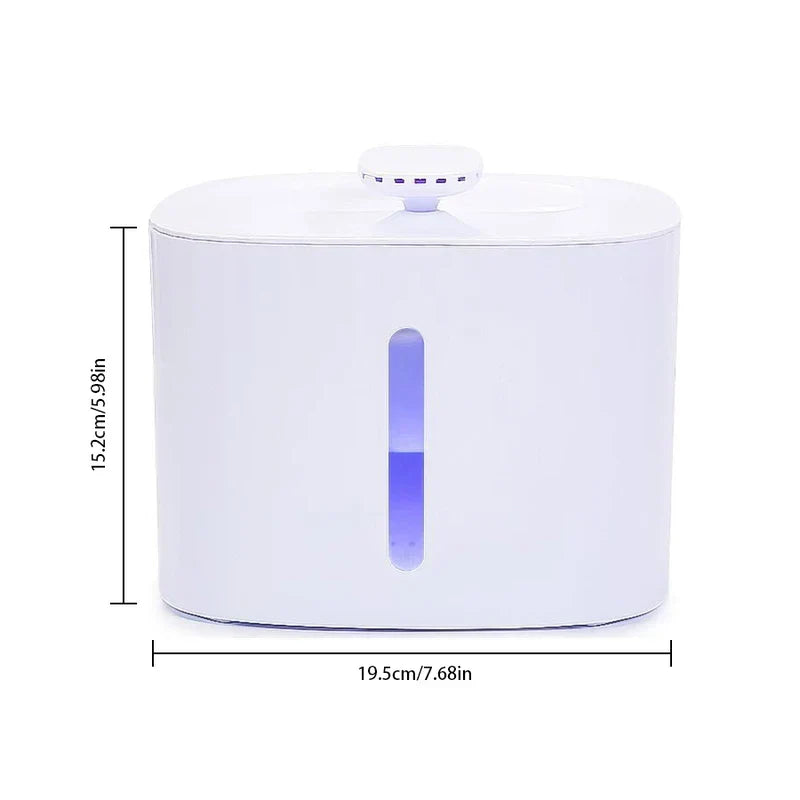 White pet water fountain with front water level window and top control panel, with 15.2cm height and 19.5cm width labels