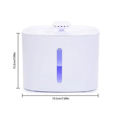White pet water fountain with front water level window and top control panel, with 15.2cm height and 19.5cm width labels