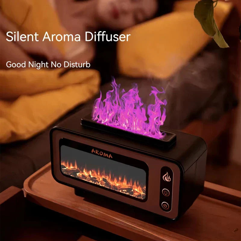 Difusor de aroma humidificador de aire con llama sobre una mesita de noche
