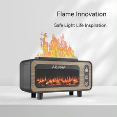 Difusor de aroma y humidificador estilo chimenea con veta de madera, efecto de llama simulada, tres botones de control laterales y patas cortas negras