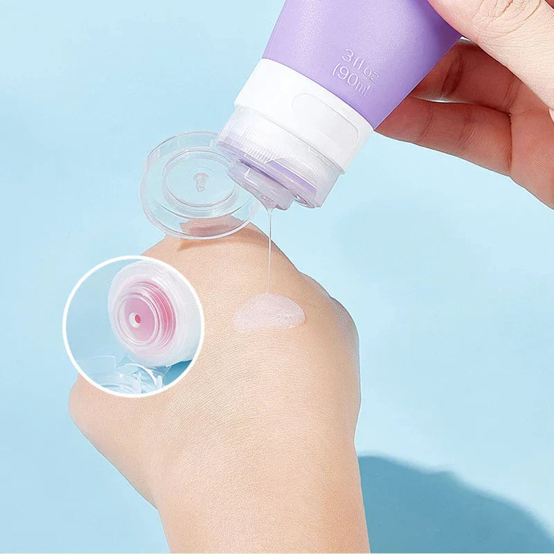 Close-up of a refillable travel toiletry bottle