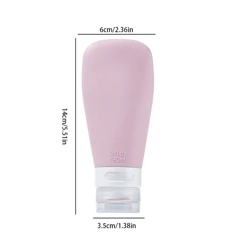 Light pink 90ml travel toiletry container, height 14cm, top width 6cm, bottom width 3.5cm, on white background