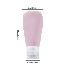 Light pink 90ml travel toiletry container, height 14cm, top width 6cm, bottom width 3.5cm, on white background