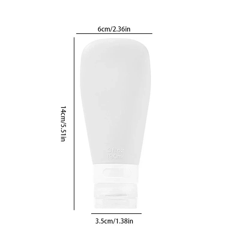 Translucent white 90ml travel toiletry container, height 14cm, top width 6cm, bottom width 3.5cm, on white background