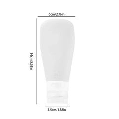 Translucent white 90ml travel toiletry container, height 14cm, top width 6cm, bottom width 3.5cm, on white background