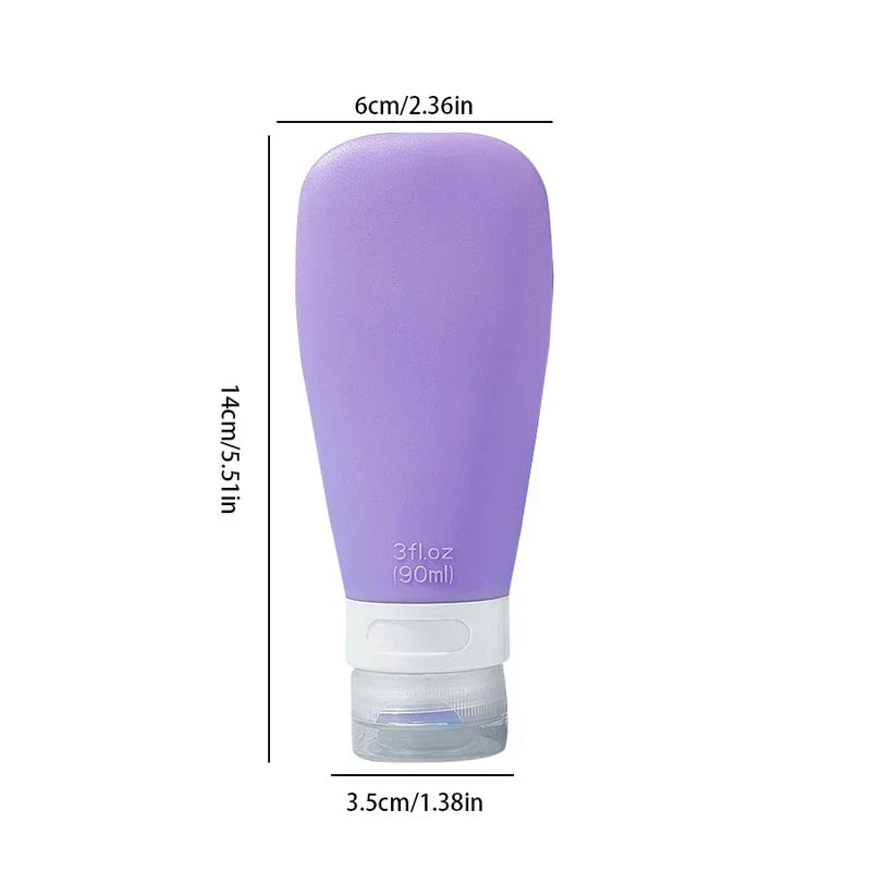 Light purple 90ml travel toiletry container, height 14cm, top width 6cm, bottom width 3.5cm, on white background
