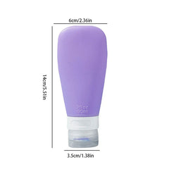 Light purple 90ml travel toiletry container, height 14cm, top width 6cm, bottom width 3.5cm, on white background