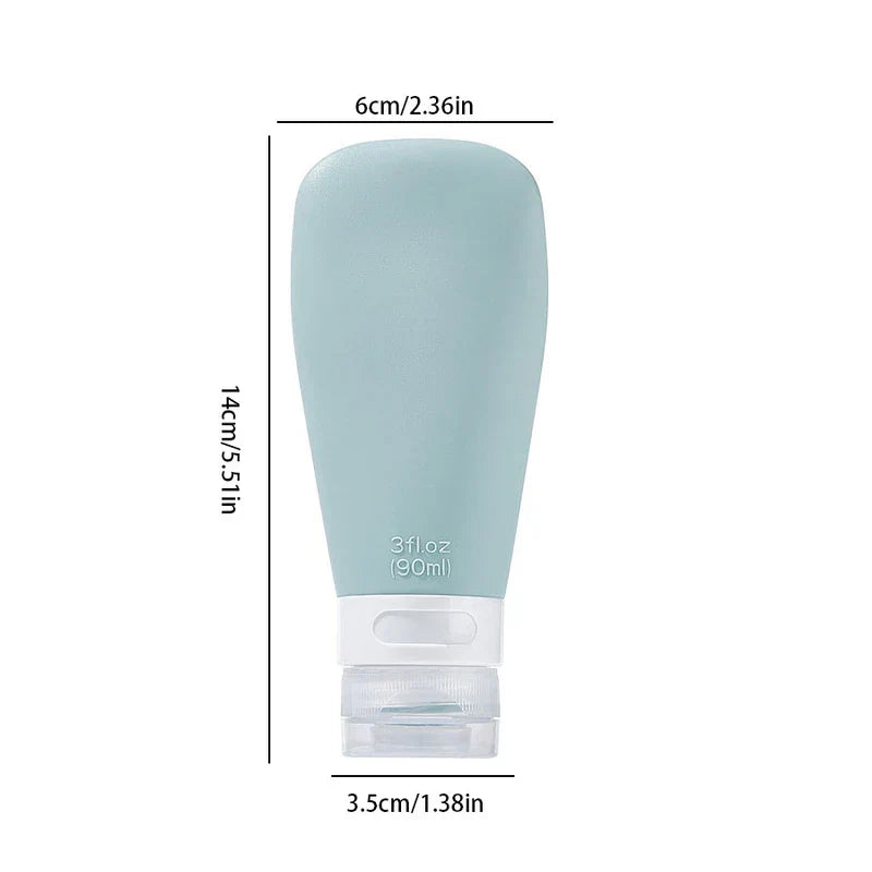 Light green travel toiletry container, 90ml/3fl.oz, marked with 14cm height, 6cm top width, 3.5cm bottom width
