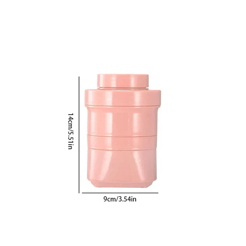 Größenangaben einer Komponente des rosafarbenen Smoothie-Makers für eine Portion, 14 cm hoch und 9 cm breit, auf schlichtem weißem Hintergrund