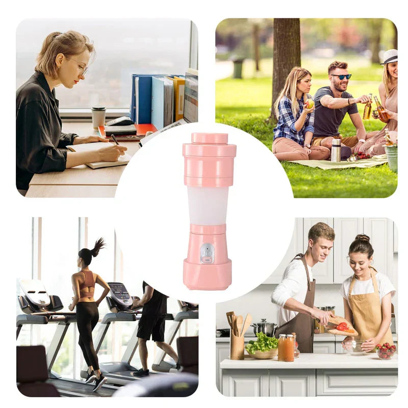 Vier Lifestyle-Szenen (Büro, Picknick, Fitnessstudio, Küche) rund um einen rosafarbenen Smoothie-Maker für eine Portion