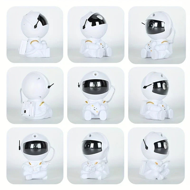 9 different angle views of a white astronaut-shaped galaxy projector