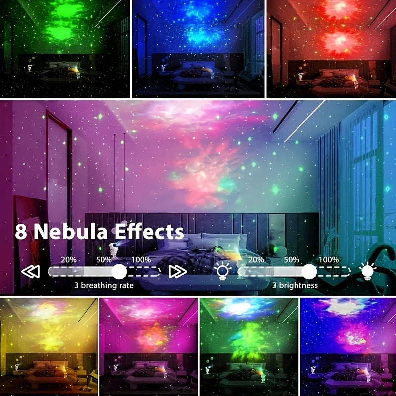 Bedroom with 8 nebula light effects and brightness controls from a galaxy projector