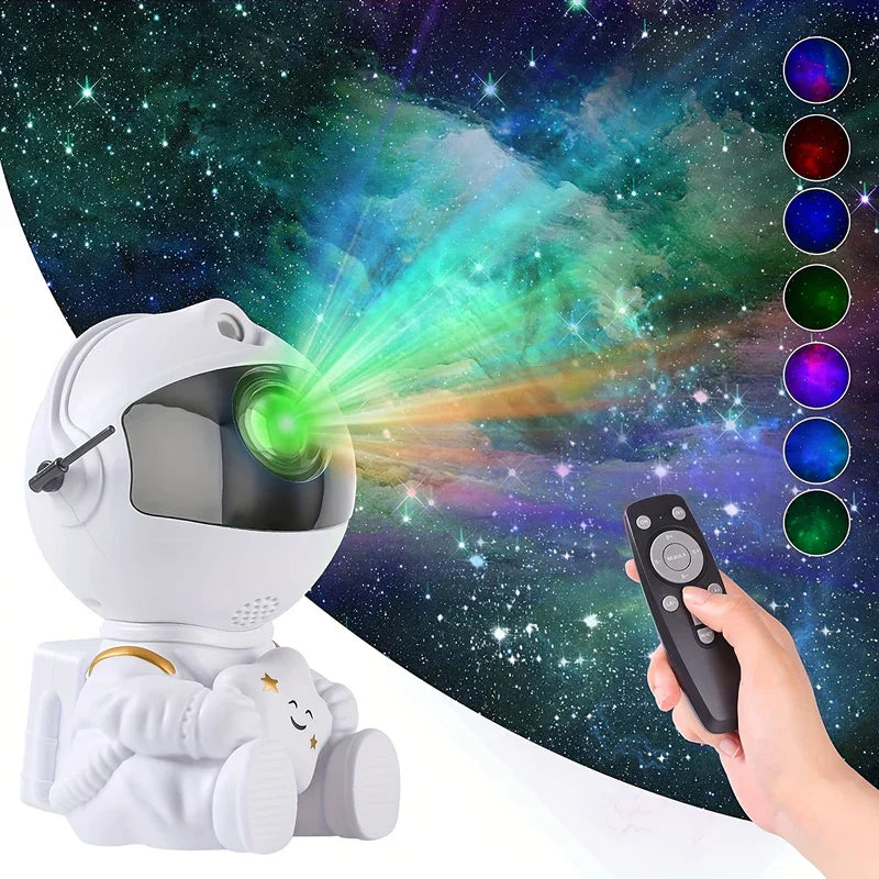 Astronaut galaxy projector projecting a green nebula star field, with a hand holding a remote and color effect swatches displayed