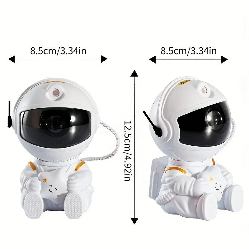 Front and side views of a white astronaut galaxy projector with dimension labels of 8.5cm width and 12.5cm height