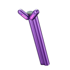 Matte purple handheld skin care massager with two pivoting arms and purple LED lights, against a white background