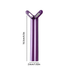 Purple skin care massager with Y-shaped top, displayed with height and width measurements on a white background.