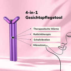 4-in-1 skin care massager shown with labeled features on a pink background