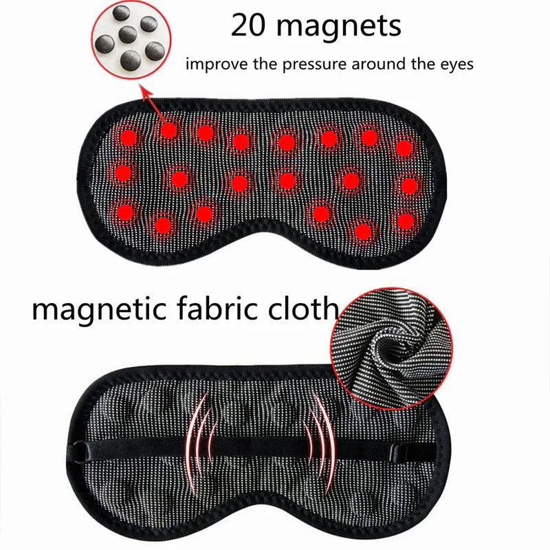 Front and back view of manta sleep mask with 20 magnets marked on front, textured magnetic fabric and adjustable strap shown on reverse