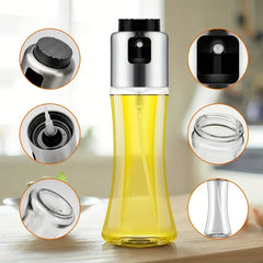 Glass oil sprayer bottle on wooden counter, with circular close-ups of its cap, nozzle, threading, and bottle shape