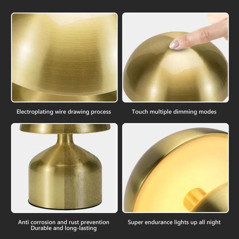 Gráfico de características de cuatro paneles para lámpara de mesa LED de latón que muestra textura, control táctil, anticorrosión y detalles de luz encendida