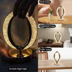 Portable glowing small desk light displayed as desk, nightstand, and table lamp in home scenes
