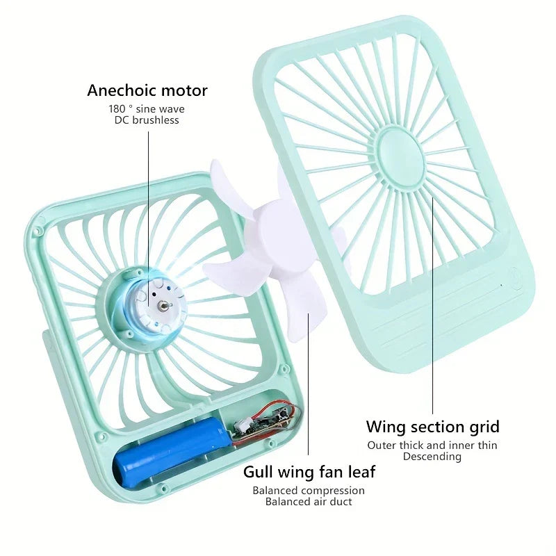 Disassembled mint green desktop quiet fan showing its anechoic DC brushless motor, gull wing fan blade, and battery.