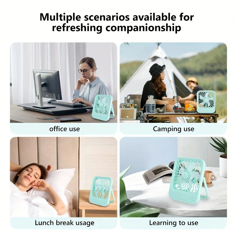 Collage of a mint green desktop quiet fan used in office, camping, lunch break, and study scenarios.