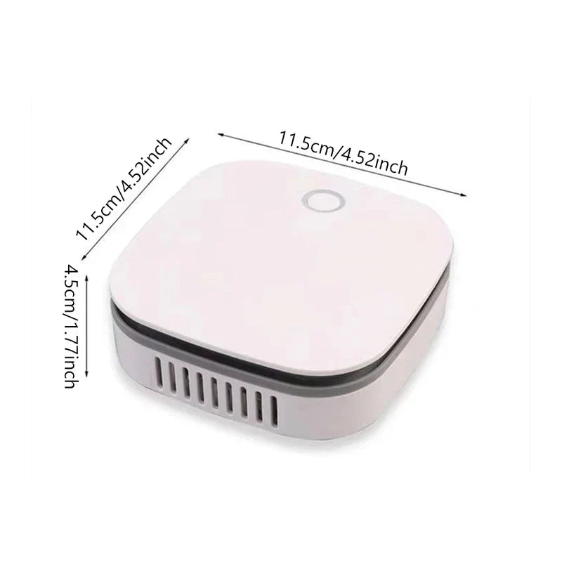 White square rounded air sanitizing machine with dimensions labeled, top angled view on white background