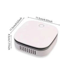 White square rounded air sanitizing machine with dimensions labeled, top angled view on white background