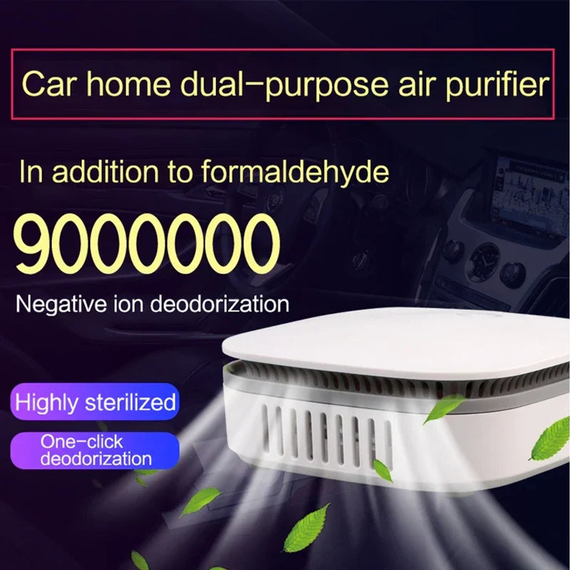 Car interior background with air sanitizing machine, text stating car home dual-purpose