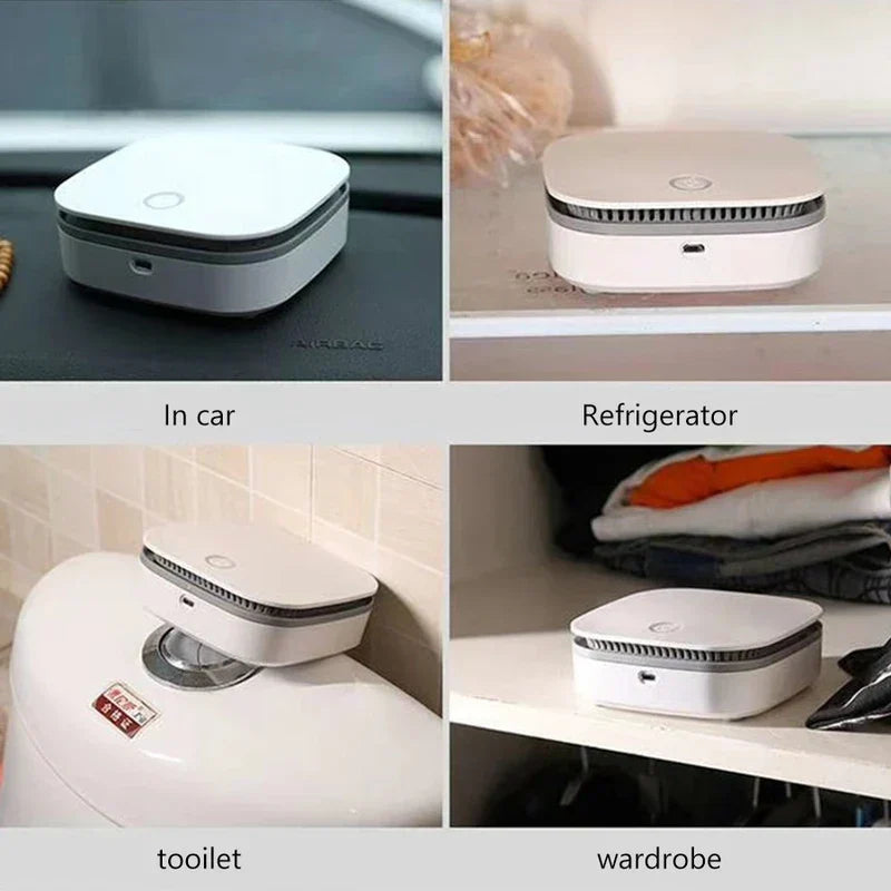 Four use case views of an air sanitizing machine: in a car, inside a refrigerator, on a toilet tank, and in a wardrobe